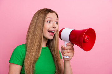 Photo of positive adorable girl wear green trendy clothes hold bullhorn announce news look empty space isolated on pink color background