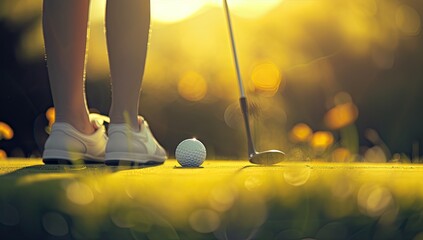 Pemain golf wanita profesional memilih klub golf dari tas. - obrazy, fototapety, plakaty