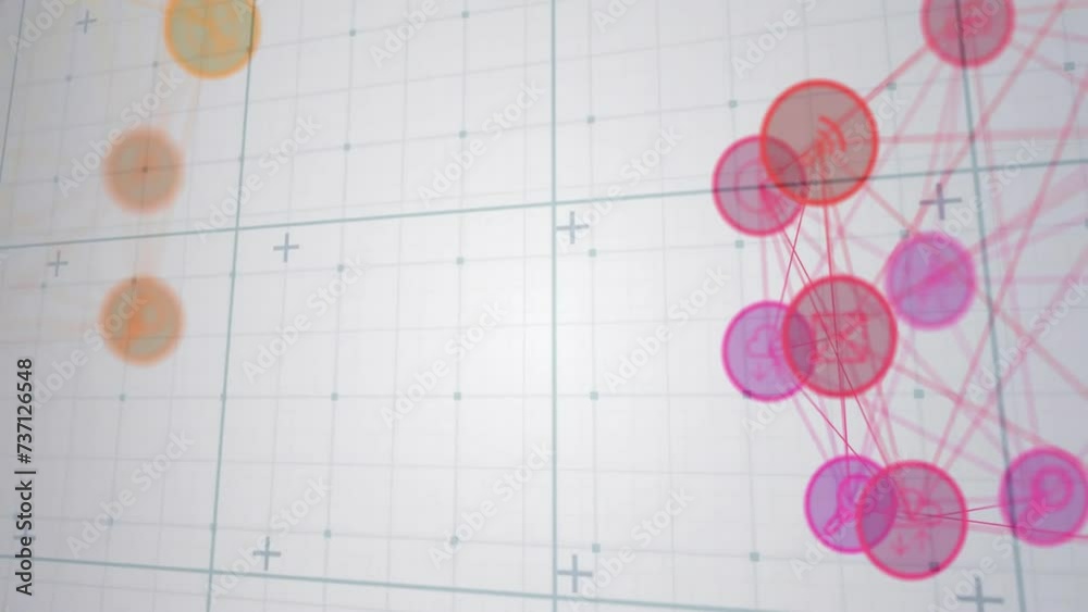 Poster animation of globe with icons and data processing on grid background