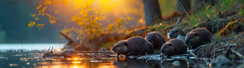 Beaver family sitting at the bank of the forest river with setting sun. Group of wild animals in...