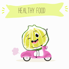Cute  cartoon bergamot characters with different activities. Flat vector illustration, funny fruits. Organic food.