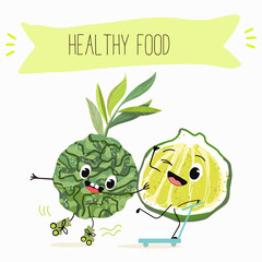 Cute  cartoon bergamot characters with different activities. Flat vector illustration, funny fruits. Organic food.