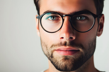 Obraz premium Close up portrait of handsome man wearing eyeglass. Elegant man in glasses. Optics style for men