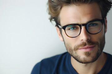 Fototapeta premium Close up portrait of handsome man wearing eyeglass. Elegant man in glasses. Optics style for men