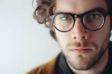 Fototapeta na wymiar Close up portrait of handsome man wearing eyeglass. Elegant man in glasses. Optics style for men