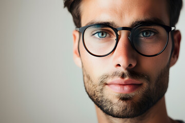 Close up portrait of handsome man wearing eyeglass. Elegant man in glasses. Optics style for men