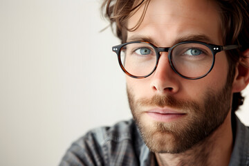 Close up portrait of handsome man wearing eyeglass. Elegant man in glasses. Optics style for men - obrazy, fototapety, plakaty