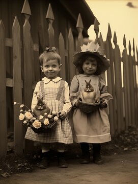 Vintage photography 1900-1920. Cute children with Easter eggs. Happy Easter! High resolution