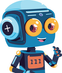 Cute smiling blue robot waving hand. Friendly android big eyes showing greeting gesture. Cheerful machine character, future technology vector illustration