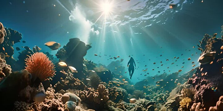 Scuba diver with coral reef, man underwater, scuba diver with balloon, diver in water 4K motion