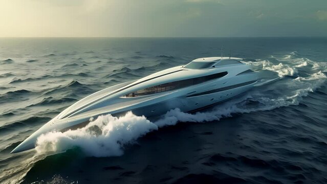 A majestic yacht gliding across the ocean its sophisticated gyroscopic stabilization keeping it level and stable even as it hits high speeds.