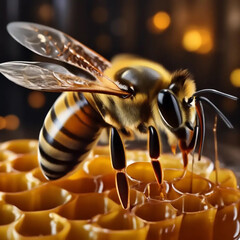 A bee is sitting on a honeycomb with honey