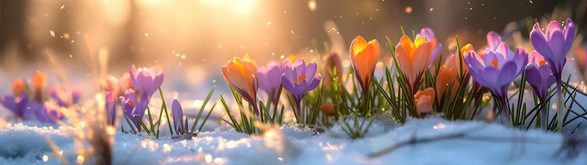 Fotobehang Colorful crocus flowers and grass growing from the melting snow and sunshine in the background. Concept of spring coming and winter leaving. © linda_vostrovska