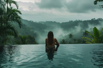 Tranquil Retreat: Young Woman Swimming in Resort Pool Overlooking Lush Mountain Vistas