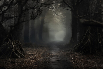 dark road between huge old trees