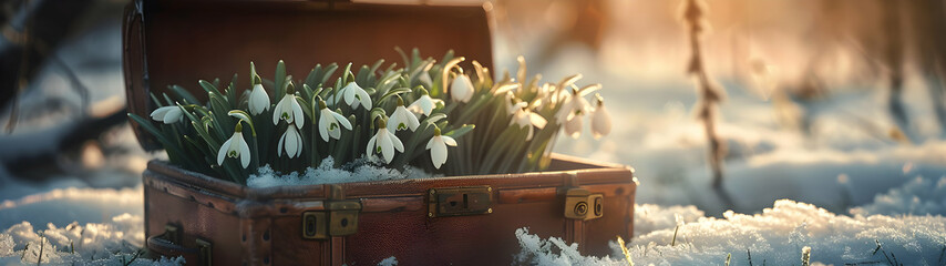 Vintage suitcase with snowdrop flowers and hoarfrost lying on the snowy surface. Concept of spring coming. Horizontal, banner.