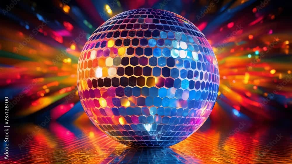 Poster a disco ball with colorful lights in the background. perfect for parties and events.