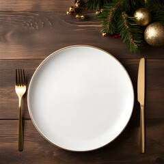Christmas dinner plate with a gold fork and knife on a wood table 