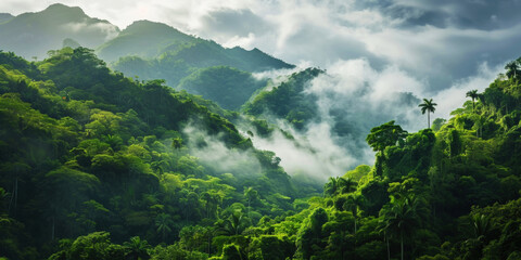 Fototapeta na wymiar Tropical green mountains with mist. Cloudy foggy sky backdrop. Generative AI
