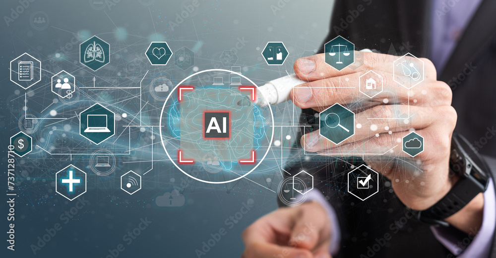 Aufkleber artificial intelligence concept businessman holding ai on computer screen to using for in document m