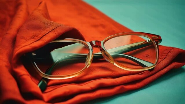 A pair of glasses resting on a vibrant red cloth. Versatile image suitable for various themes.