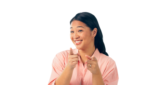 Happy, portrait and asian woman with hands pointing, decision, job and selection or choice for recruitment. Japanese person, face or opportunity for hiring or isolated on a transparent png background
