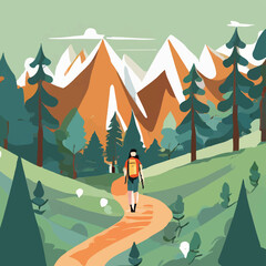 walking through the forest adventure illustration , nature scene with hiking track and trees 