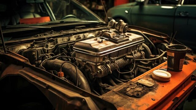 A picture of a car engine in a garage. Perfect for automotive repair and maintenance-related projects.