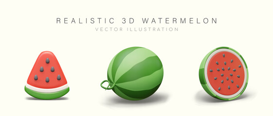 Realistic watermelon, whole half, slice. Vector set for advertising compositions