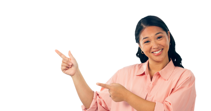 Portrait, hand pointing up and happy woman with promotion for announcement and advertising presentation. Asian, model and face for marketing information and isolated on a transparent png background