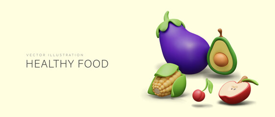 Fototapeta premium Concept of healthy eating. Realistic vegetables, fruits, berries in cartoon style