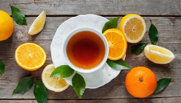 cup of tea with oranges and lemons top view