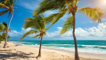 palm trees blowing in the winds at tropical beach