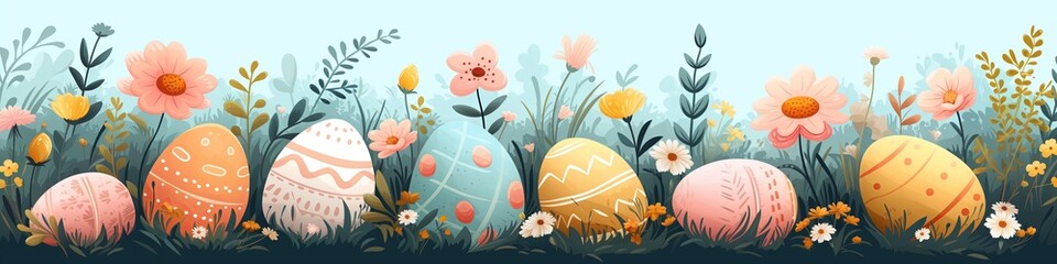 Happy Easter Banner. Illustration flat, Colorful Easter eggs on grass with flowers on a sunny spring day - Easter decoration, banner, panorama, background with copy space for text