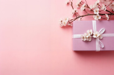 a pink gift box with a white ribbon and a bow on a pink background with flowers and branches of a tree, generative ai