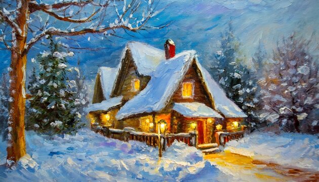 oil painting of winter house art work