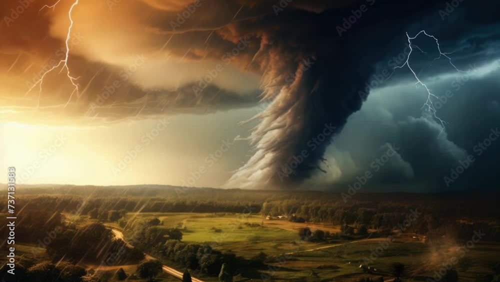 Poster A powerful tornado cloud dominates the sky, showcasing the raw force of nature. Ideal for illustrating extreme weather conditions or emphasizing the concept of unpredictability in various contexts.