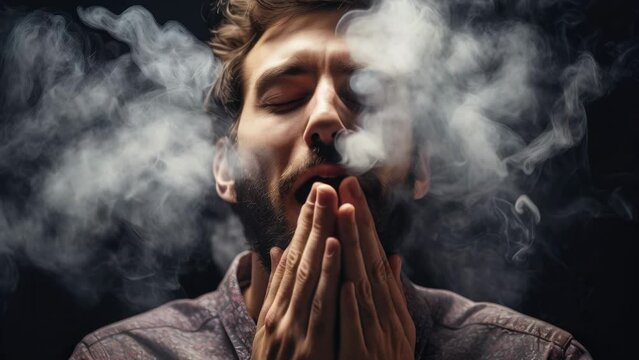 A man with his eyes closed and smoke coming out of his mouth. This image can be used to depict relaxation, meditation, or a mysterious atmosphere.