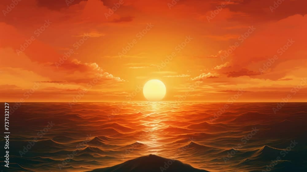 Poster A beautiful painting capturing a sunset over the ocean. Perfect for adding a serene and calming atmosphere to any space.