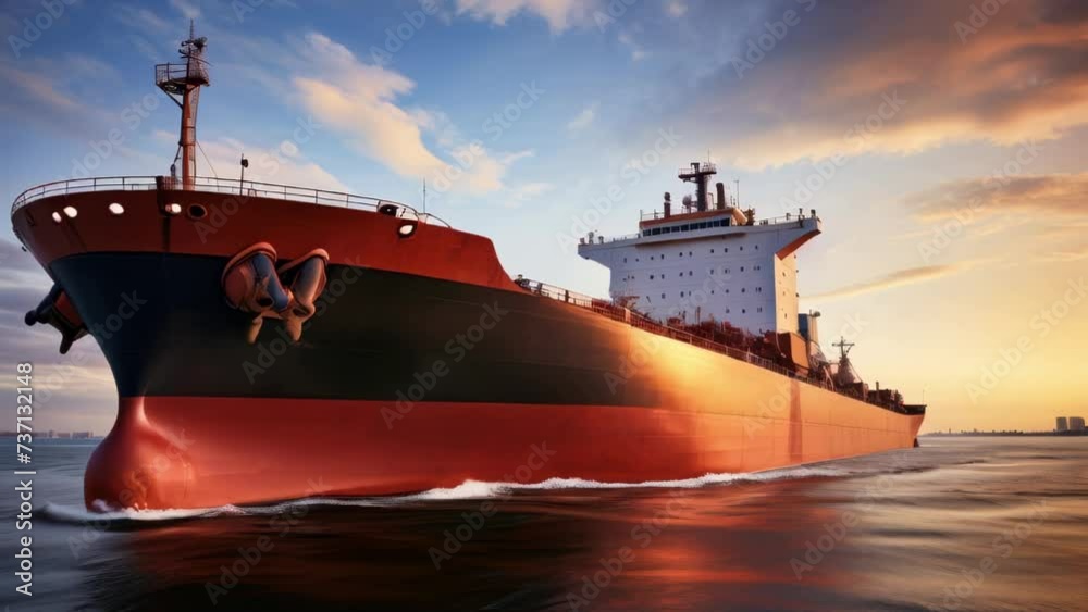 Poster A large red and black boat floating in the water. Suitable for various water-related themes.
