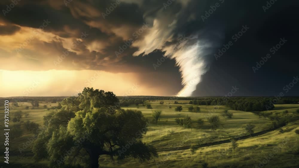 Poster a powerful tornado cloud hovering over a vast field. perfect for illustrating the destructive power 