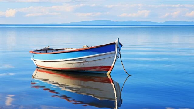 A picture of a blue and white boat floating on a body of water. Perfect for travel and adventure themes.