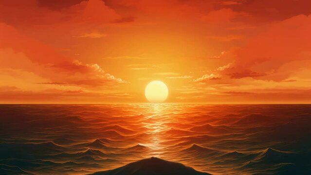 A beautiful painting capturing a sunset over the ocean. Perfect for adding a serene and calming atmosphere to any space.