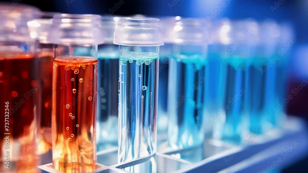 Poster a row of test tubes filled with liquid. ideal for scientific research and laboratory concepts.