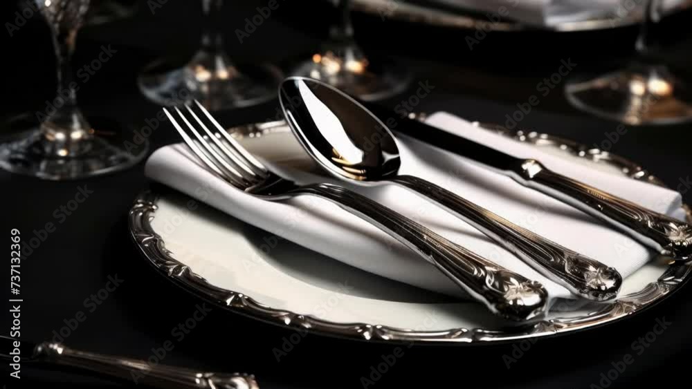 Aufkleber A simple and elegant plate with silverware and cutlery. Perfect for showcasing a sophisticated dining experience or adding a touch of class to food-related content.