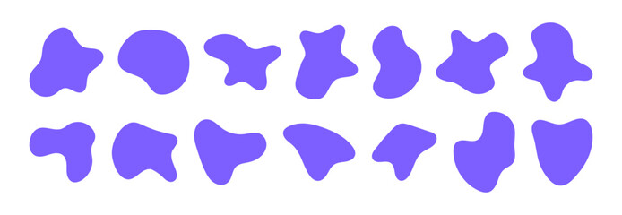 Organic blob shapes. Irregular forms. Asymmetrical flowing liquid circles. Smooth silhouette stones. Purple collection of isolated vector elements on white background.