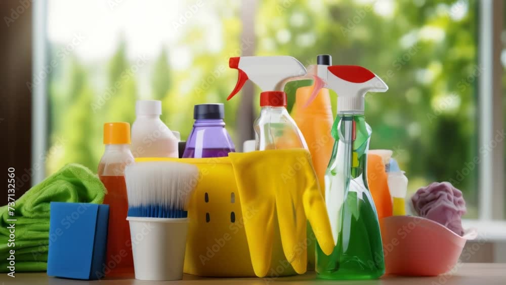 Poster Cleaning supplies arranged neatly on a table. Versatile image suitable for various cleaning-related themes.
