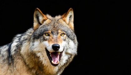 Naklejka na ściany i meble angry grinning wolf canis lupus on black background growling muzzle of a wolf banner about wild animal with copy space