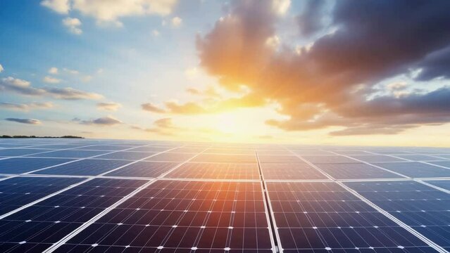 A picture of a solar panel with the sun setting in the background. Can be used to represent renewable energy and sustainability.