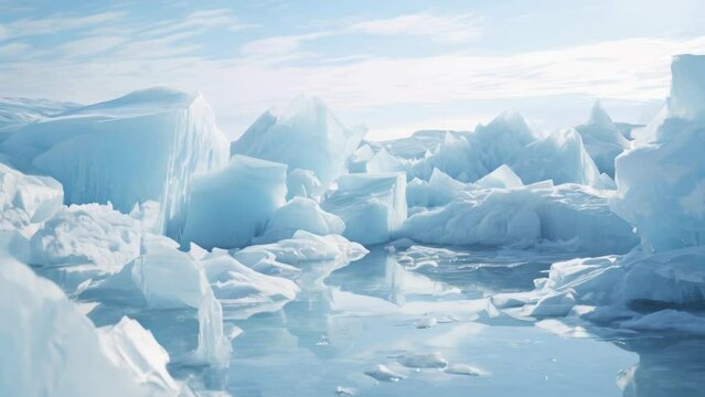 Icebergs sitting next to a body of water. Can be used to depict nature, climate change, or travel destinations.